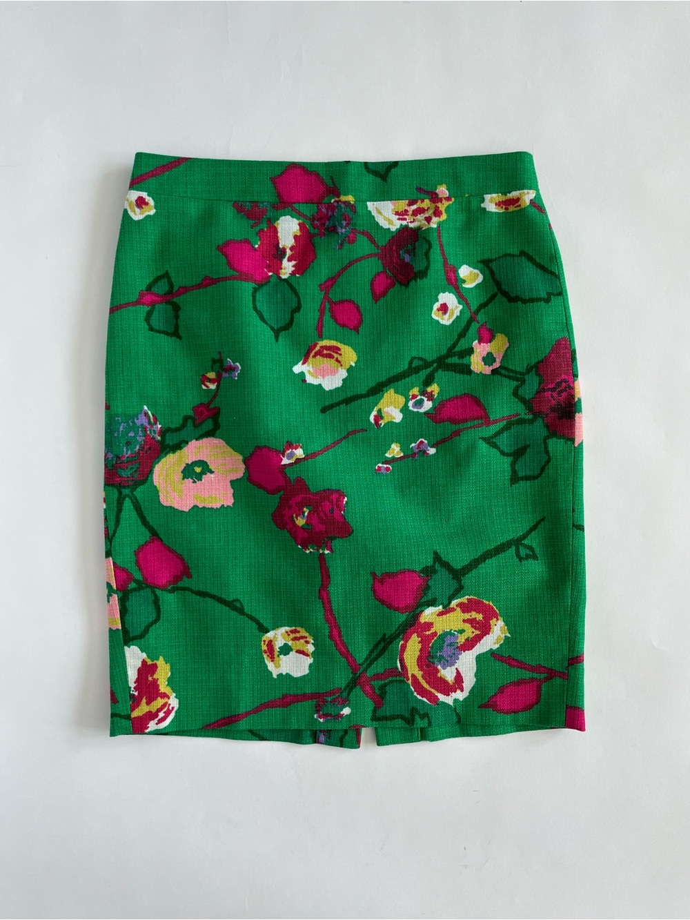 J. Crew Green Floral Pencil Skirt with Pink Accents